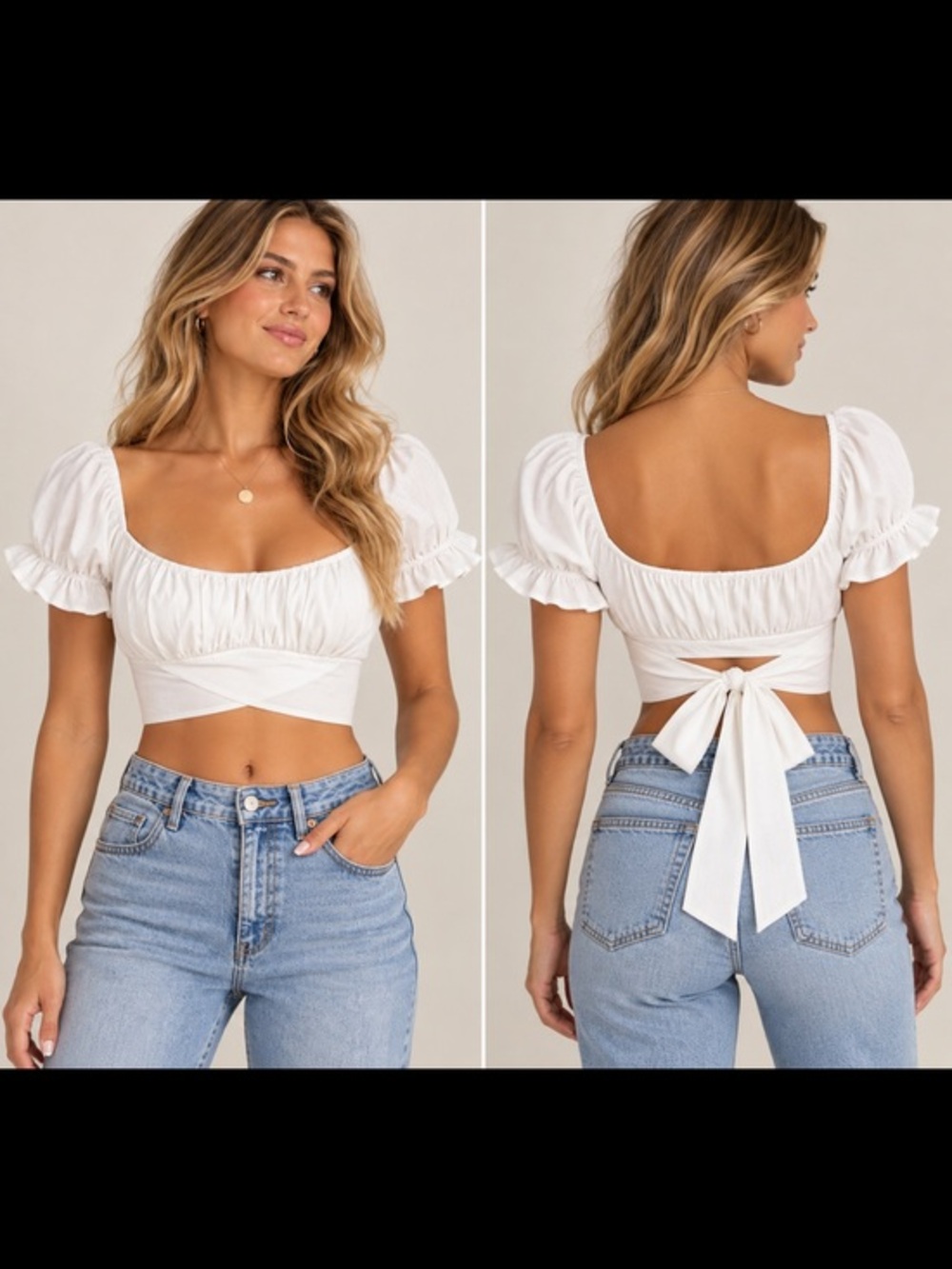 Cellecci White Puff Sleeve Tie Front Crop Top Size L Cottagecore